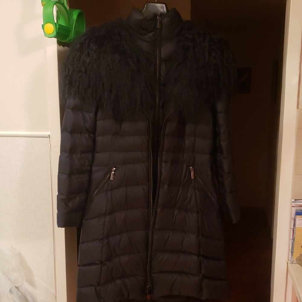 ITALIAN Dawn Levy Dark Blue Puffer Coat with  RealFur Detail,hood. MADE In ITALY